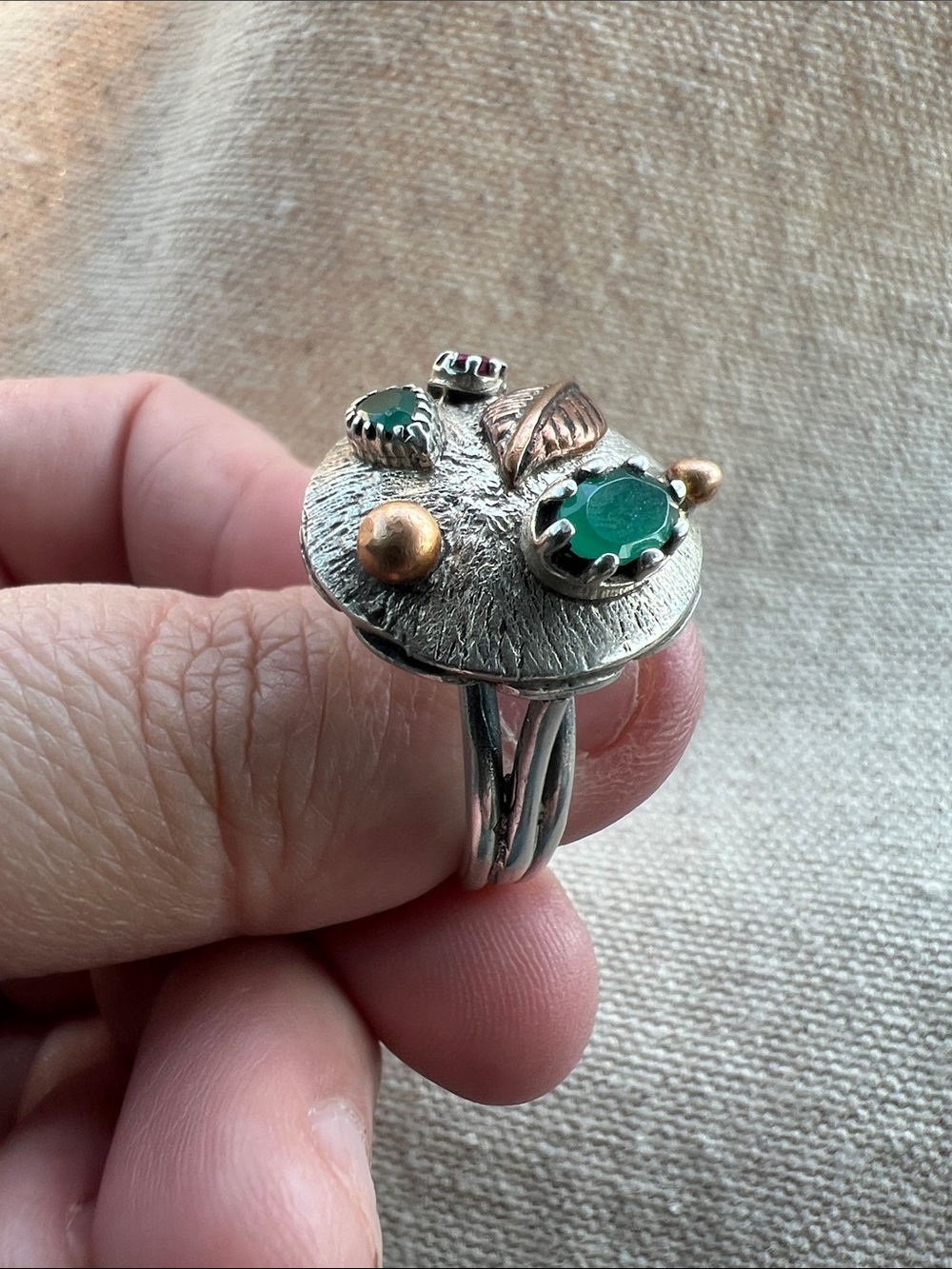 Handcrafted Sterling Ring with genuine Emerald and Ruby stones